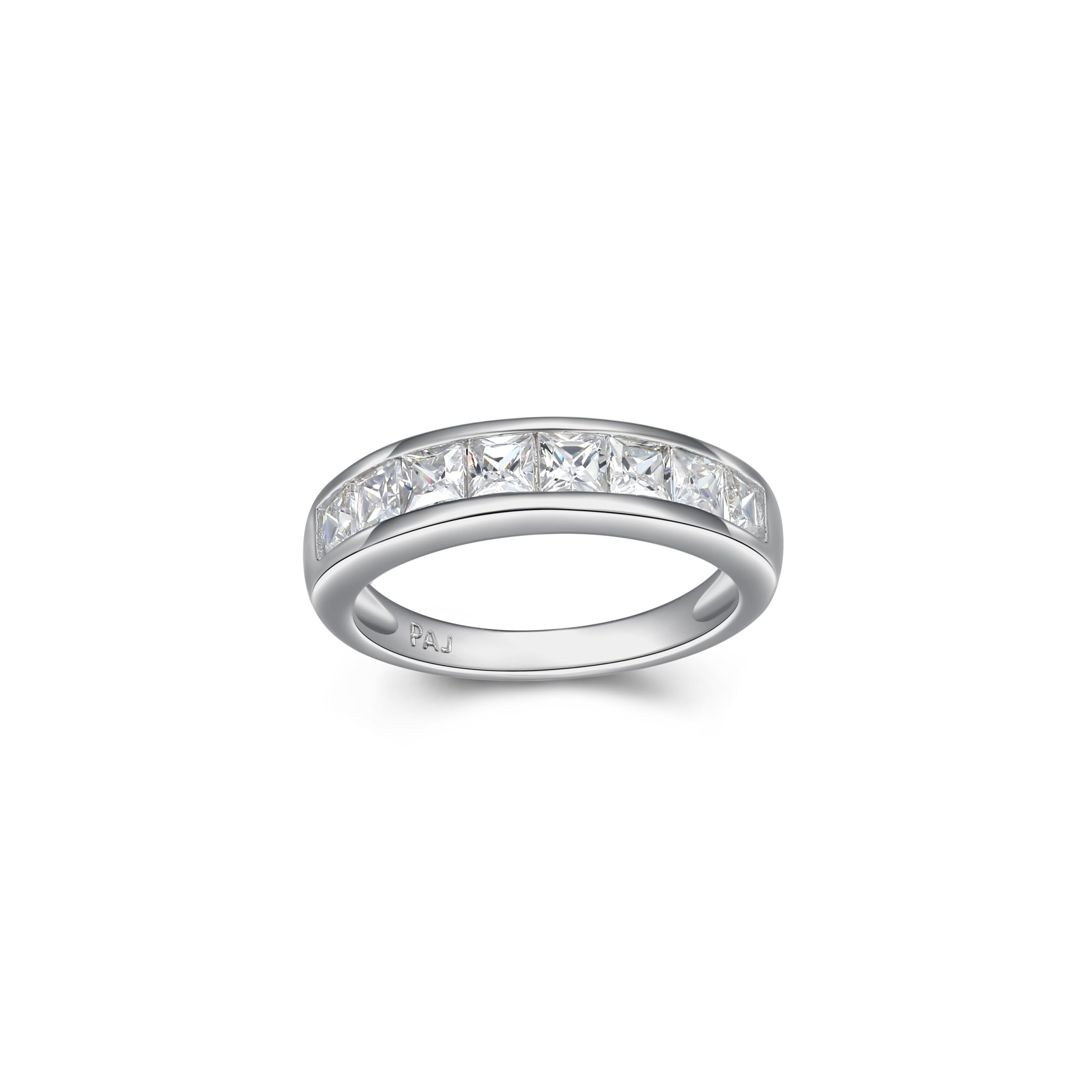 MORGAN & PAIGE .925 Sterling Silver Platinum Plated Wedding Anniversary Rings for Women - Classic Channel-Set Princess Cut Cubic Zirconia Ring Stackable Women Wedding Band Silver Ring Size 9