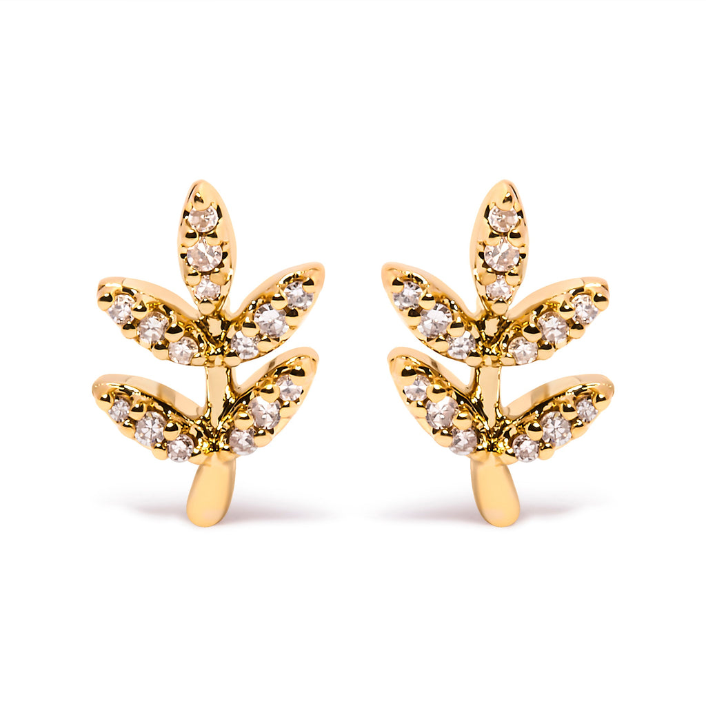 10K Yellow Gold 1/10 Cttw Diamond Accented Leaf and Branch Stud Earrings (H-I Color, I1-I2 Clarity)