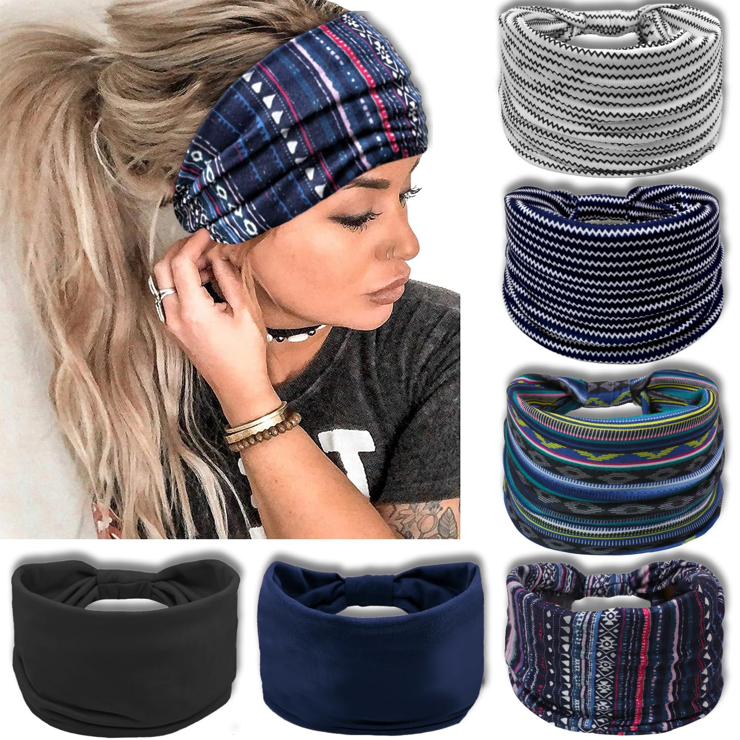 IVARYSS Wide Headbands for Women Knotted Head Wraps Turbans Large African Style Head Bands Hair Accessories 6 Pack (Boho Set2)