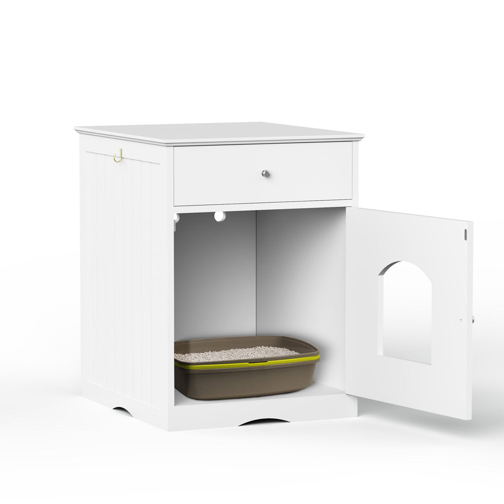White Wooden Pet House Cat Litter Box Enclosure with Drawer and Side Table, Indoor Cat Home Nightstand for Small Cats, MDF Construction, 18.9'' W x 20.9'' D x 25'' H