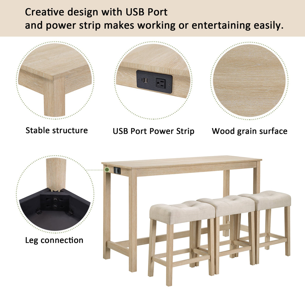 4 Piece Bar Table Set with Power Outlet,Bar Table Set with Chairs,Sofa Bar Table with Stools,Behind Couch Table with 3 Padded Stools for Living Room,Dining room, Light Oak