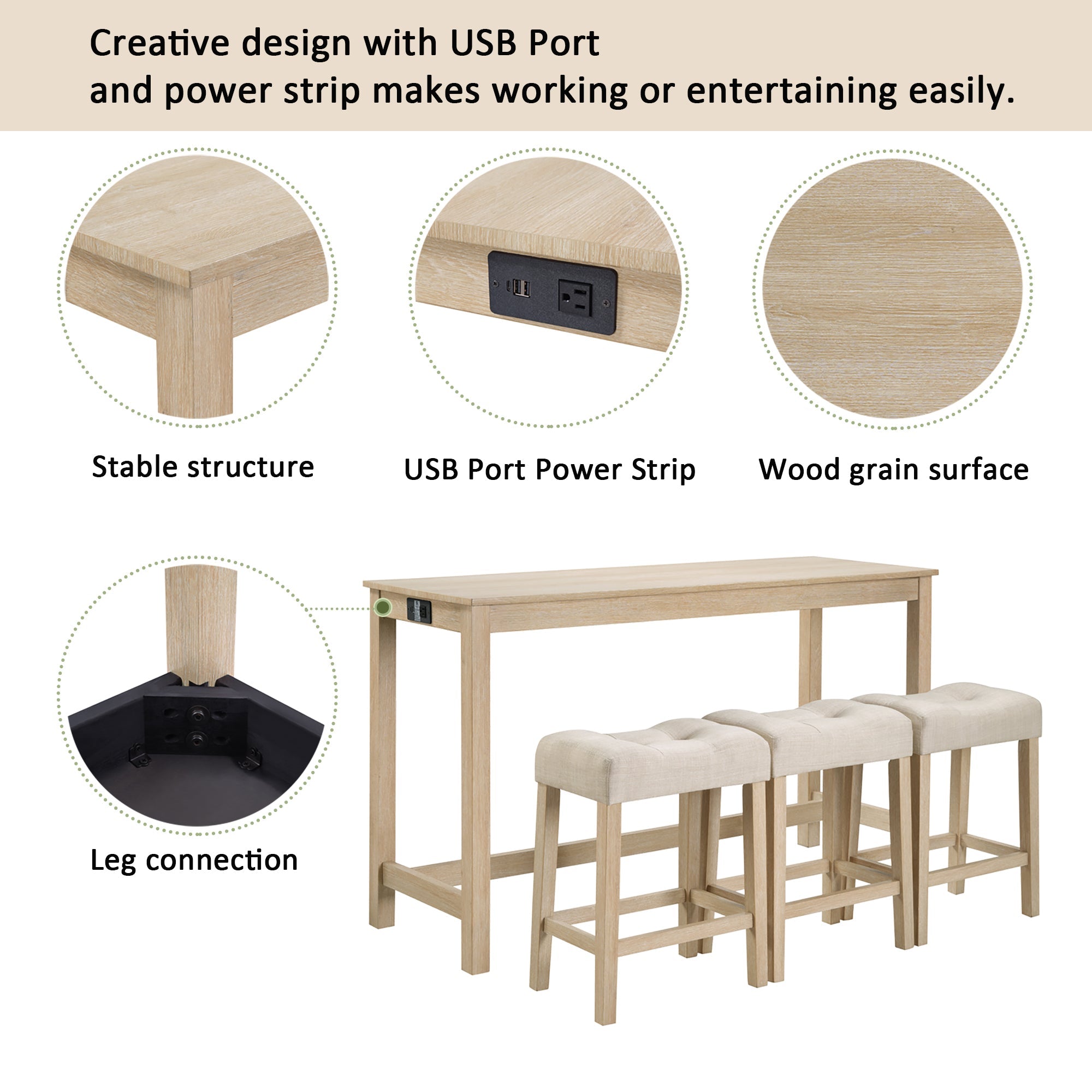 4 Piece Bar Table Set with Power Outlet,Bar Table Set with Chairs,Sofa Bar Table with Stools,Behind Couch Table with 3 Padded Stools for Living Room,Dining room, Light Oak