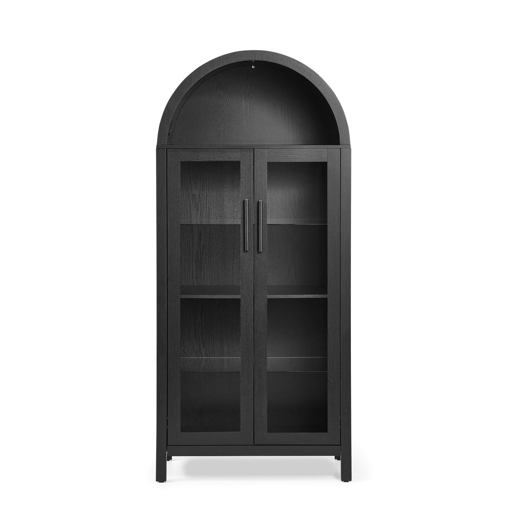 A high arched storage cabinet with a lamp, a modern retro-style wooden storage cabinet with adjustable glass partitions, suitable for use as a multi-functional cabinet in kitchens-Black