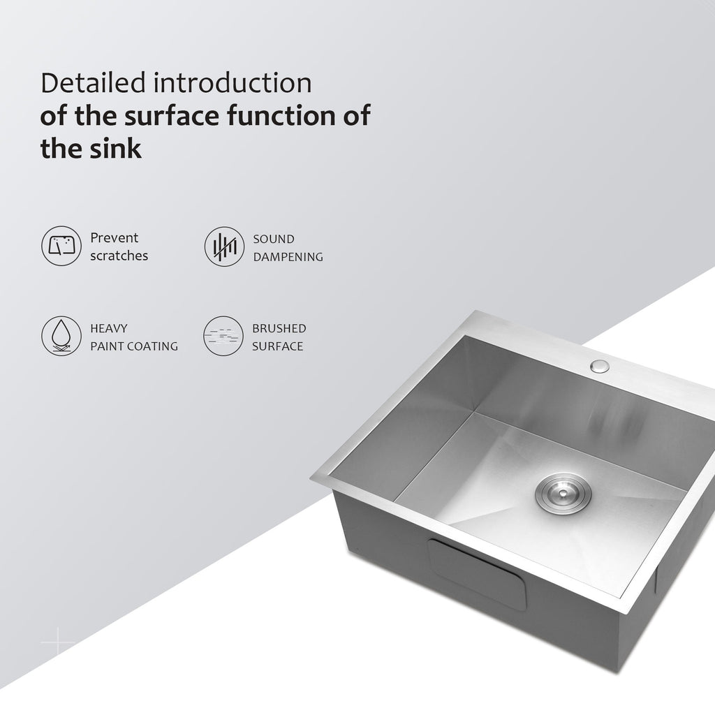 Brushed Nickel Stainless Steel 25 x 22 x 9 Inch Kitchen Sink Drop In with Single Bowl Topmount Design