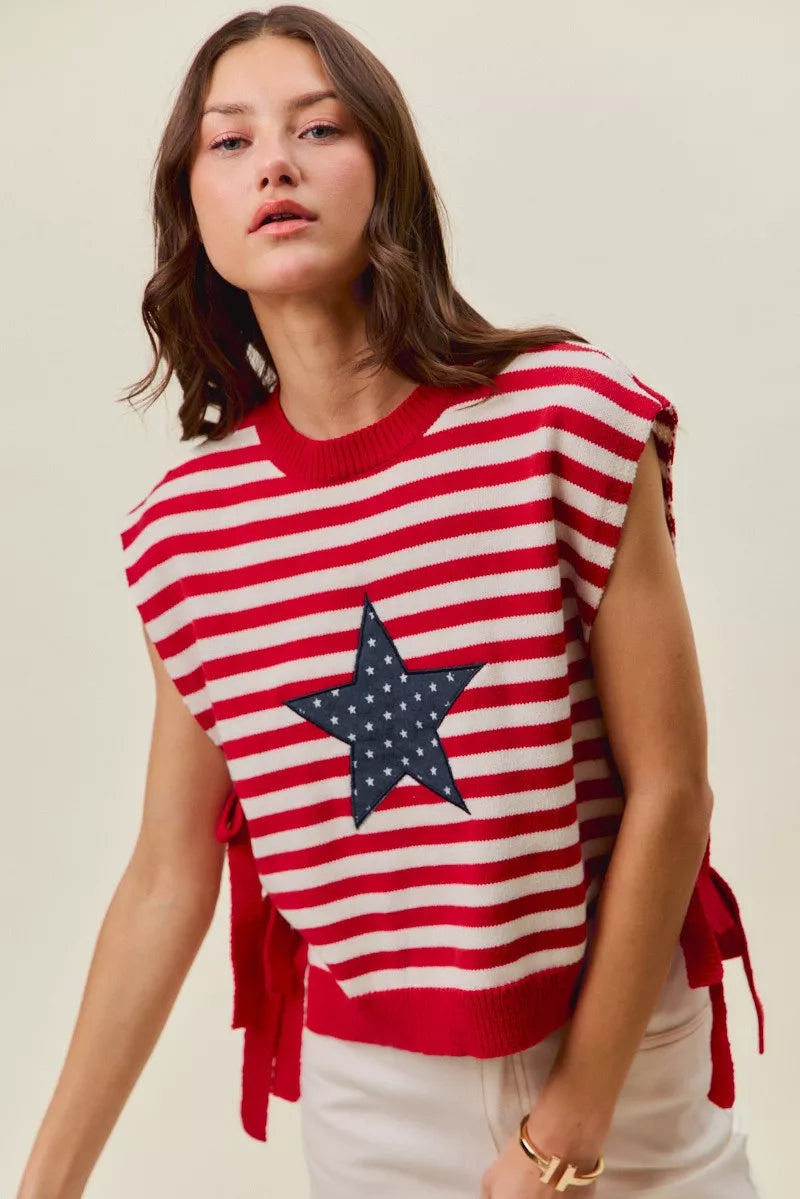 SO ME Stripe Star Patch 4th Of July Side Tie Vest Top