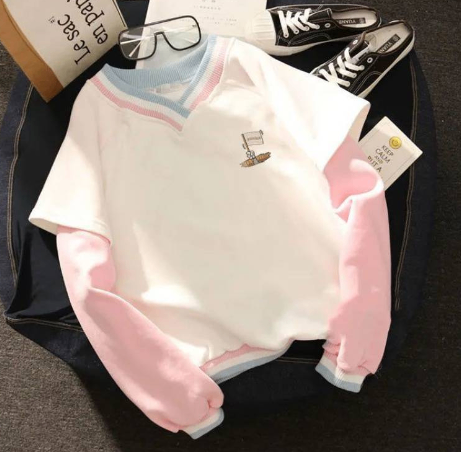 V-Neck Sweater with College Stitching Two-Piece Design