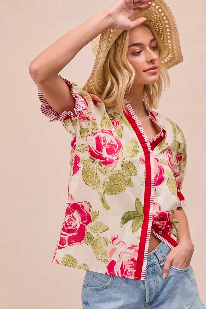 BiBi Floral Printed Woven Contrast Edge Ruffled Blouse