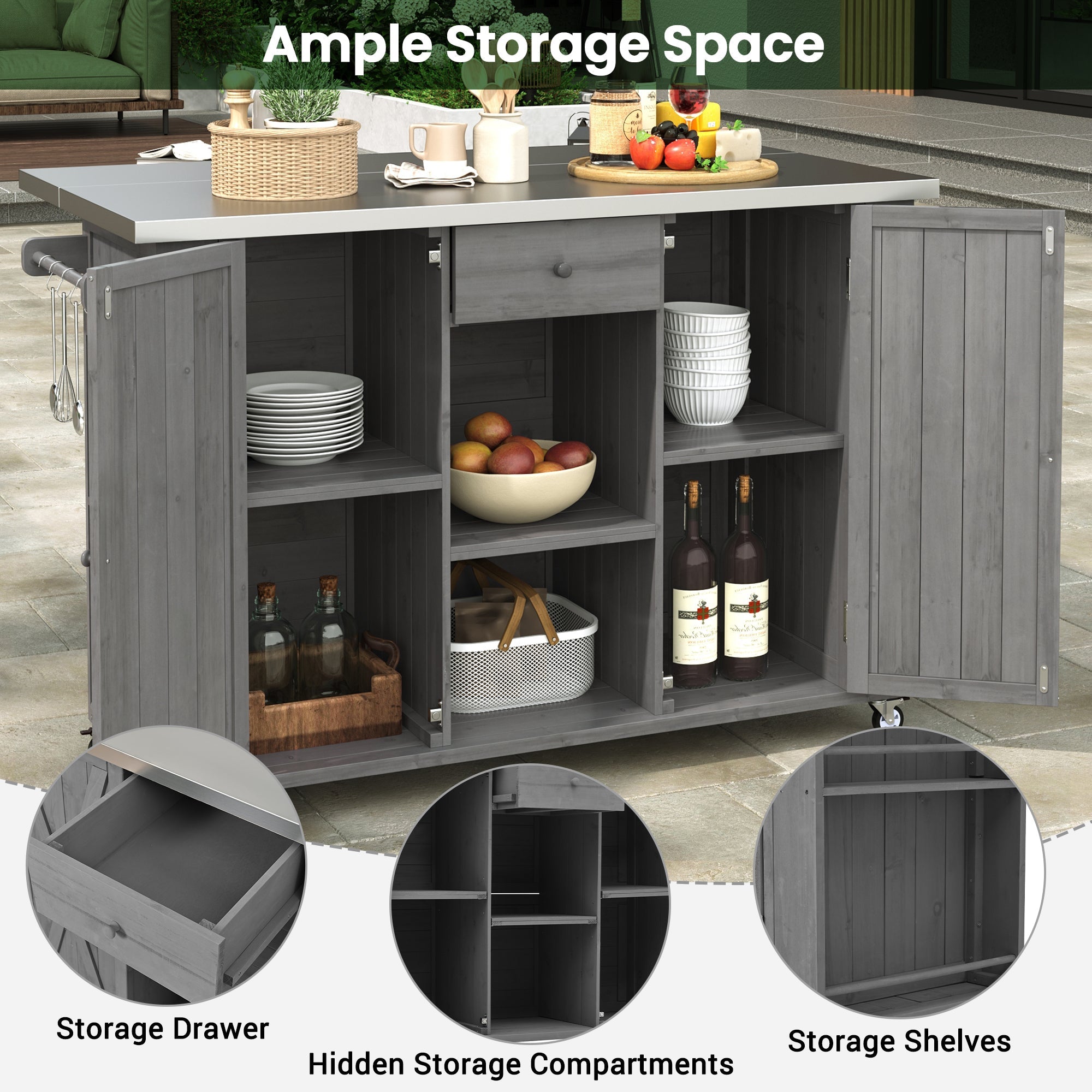 Outdoor Kitchen Island Fir Wood Kitchen Island with Stainless Steel Top, Ample Storage, Towel and Spice Racks, Bottle Opener, Grey