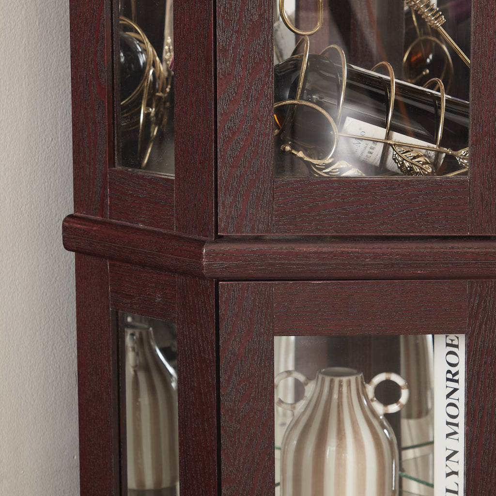 Lighted Corner Curio Cabinet - Glass Display Shelf with Tempered Glass Doors, Adjustable Shelving, and Included Bead Bulb - Ideal Bar Cabinet for Home Decor- DARK CHERRY