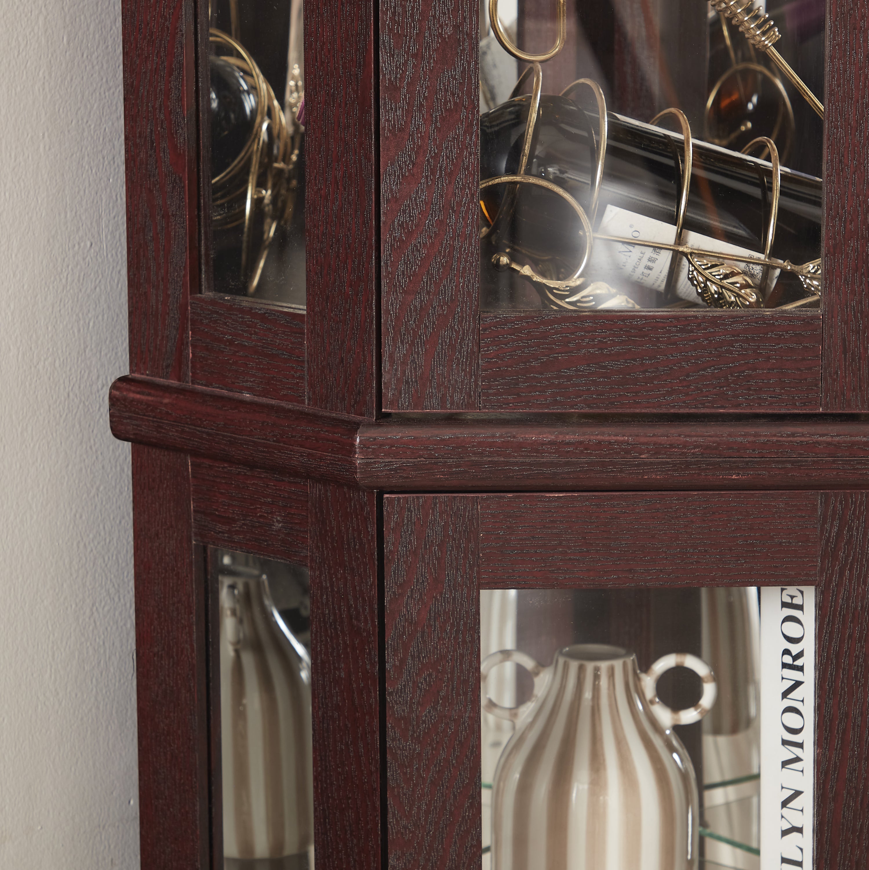 Lighted Corner Curio Cabinet - Glass Display Shelf with Tempered Glass Doors, Adjustable Shelving, and Included Bead Bulb - Ideal Bar Cabinet for Home Decor- DARK CHERRY