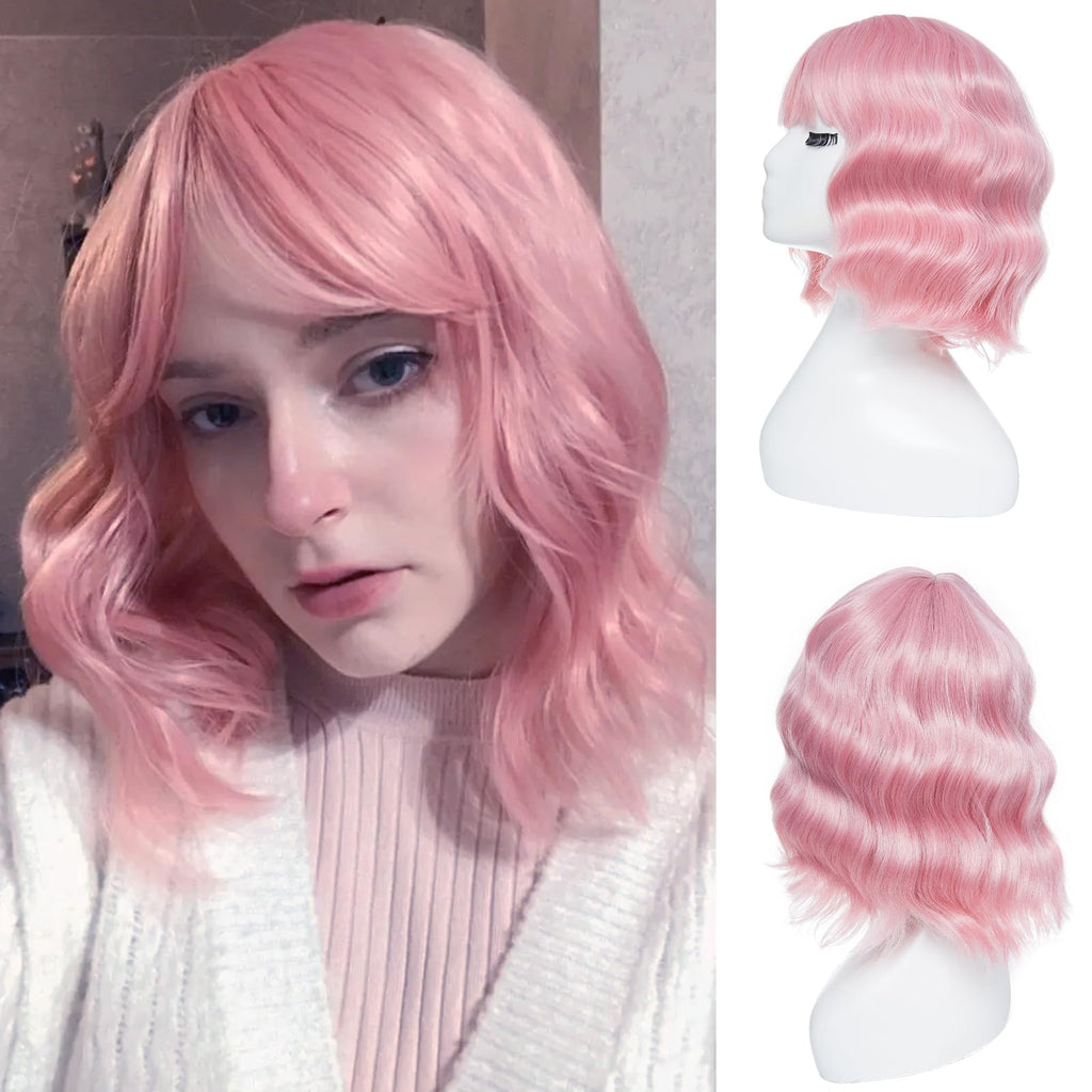Yamel Short Hair Wigs Bob Wig Short Curly Wig with Bangs Pink Short Wigs for Women Daily Use Cosplay Wig