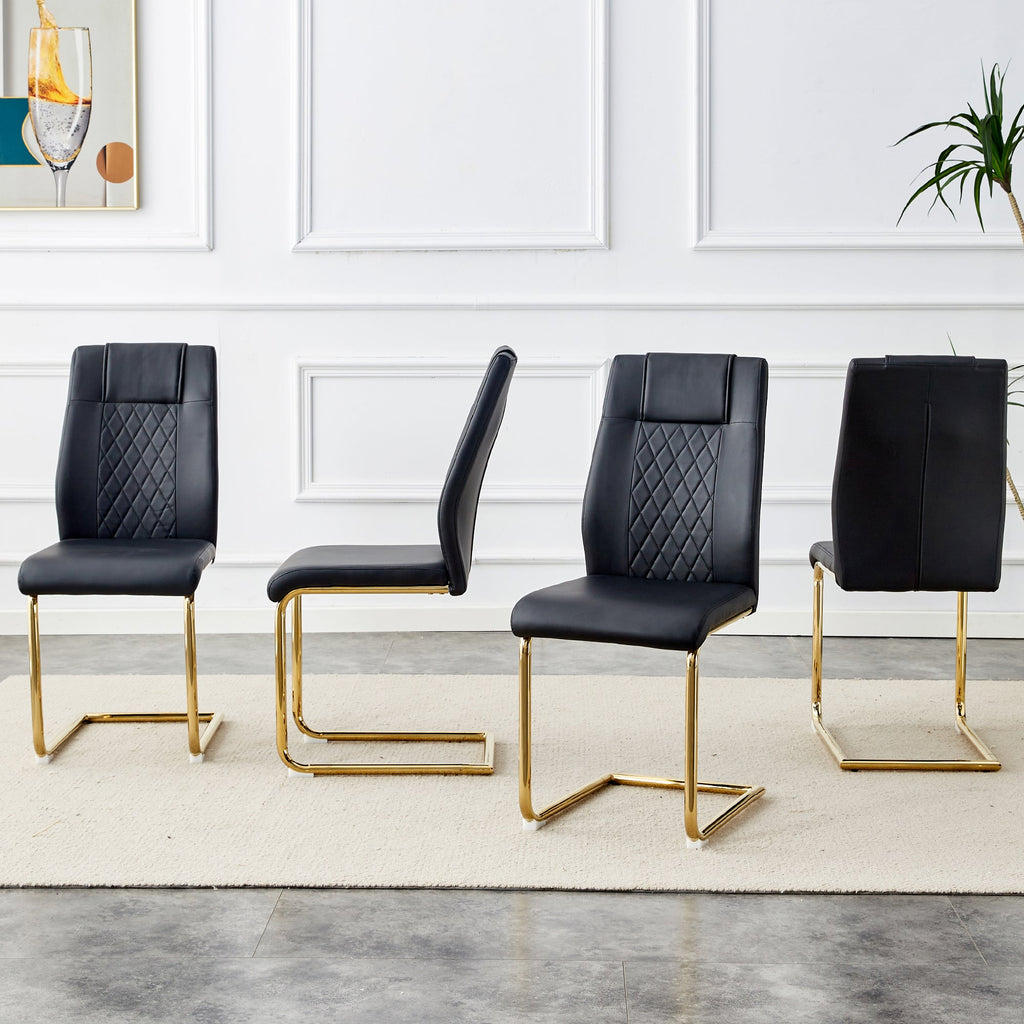 Modern dining chairs with faux leather padded seats, dining room chairs, gold metal leg upholstered chairs, suitable for kitchens, living rooms, bedrooms, and offices, set of 6 (black+PU leather)C-001