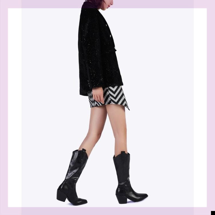 New Women's Pointed Toe Chunky Heel Knee High Boots