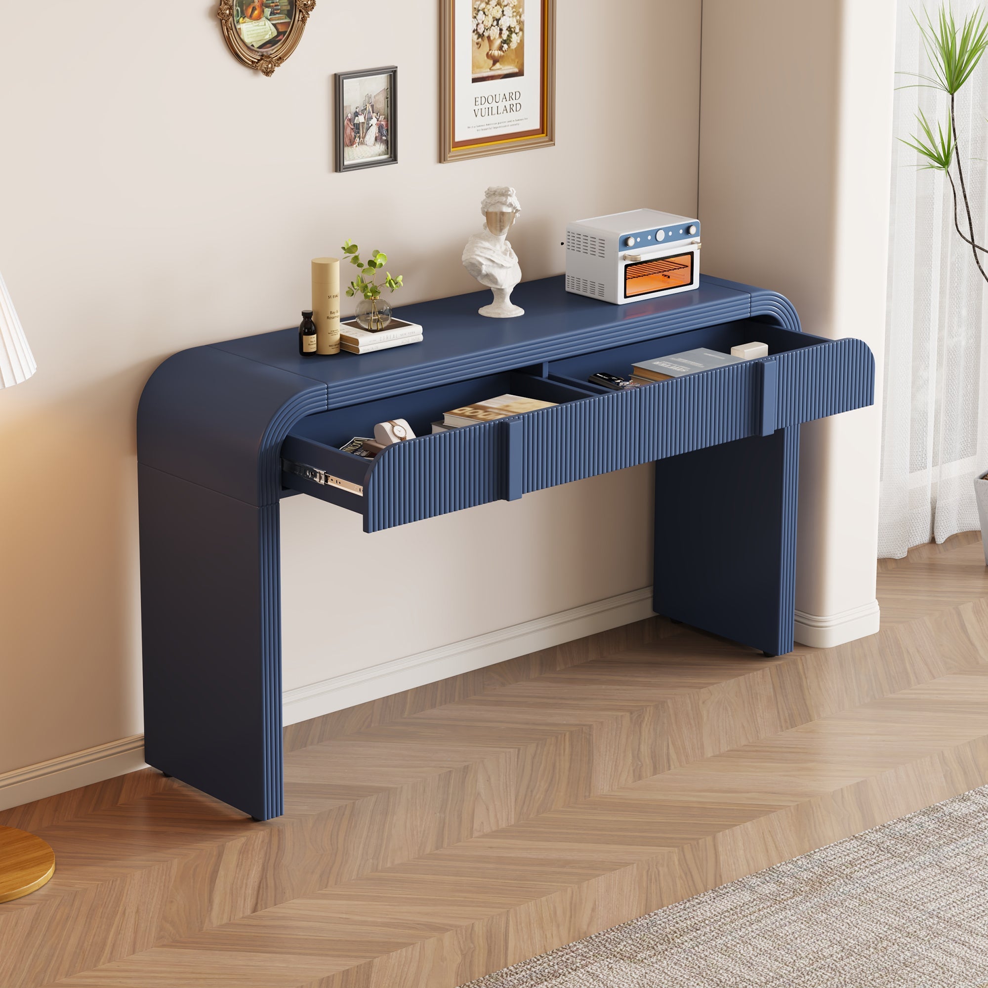 TREXM Modern Console Table with 2 Storage Drawers, Fluted Entryway Table with Rounded Silhouette for Hallway Living Room and Entryway (Navy Blue)