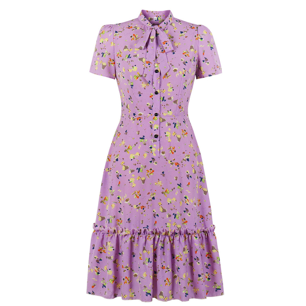 New Women's Floral Ruffle Midi Dress with Collar 2260