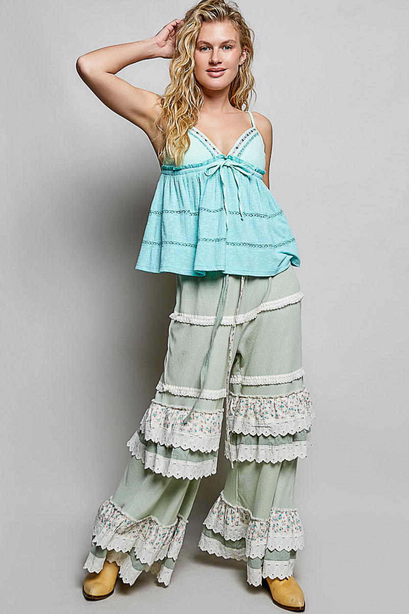 POL V-Neck Embroidered Trim Ruffled Cami