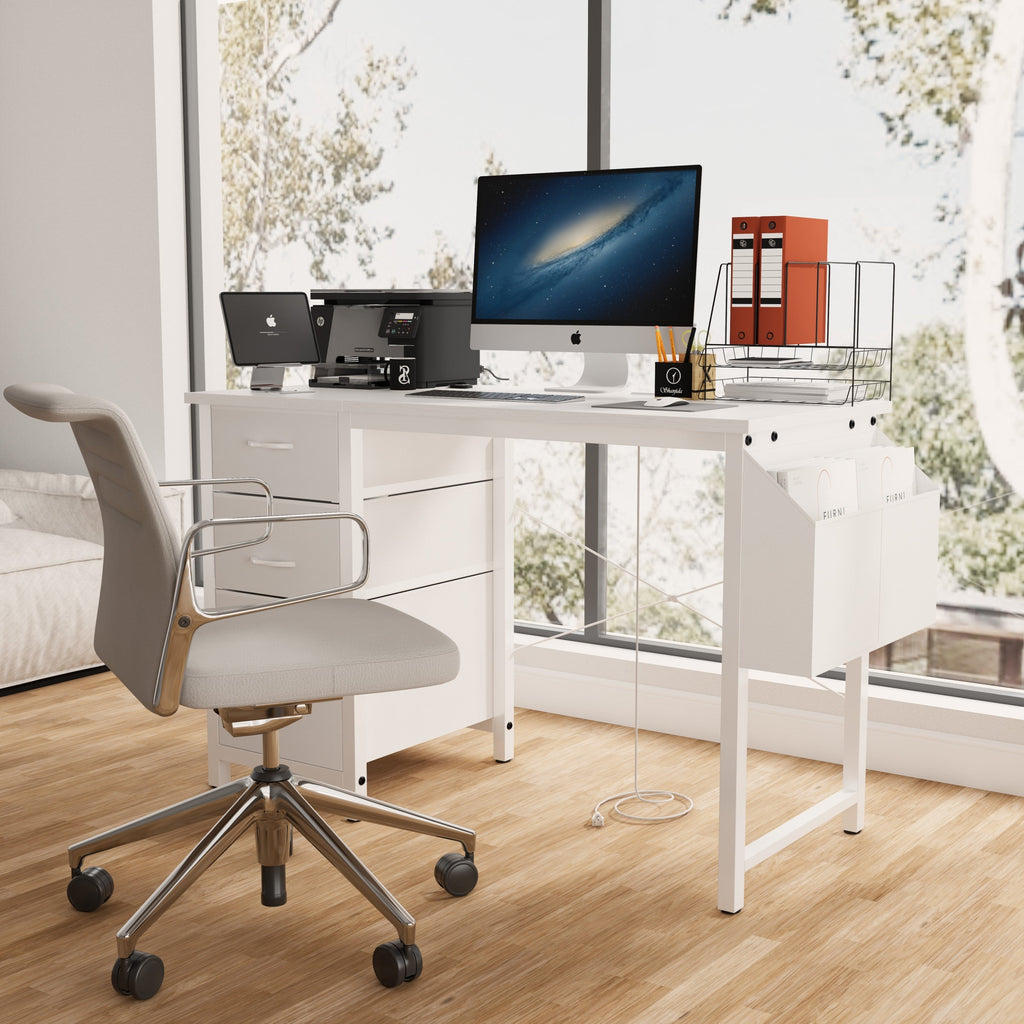 47.3'office desk with power outlet,3 drawers,Side Pocket, Study Desk Easy to Assemble,Frame stability Reversible for home desk, company computer desk, game table,Vanity table, white