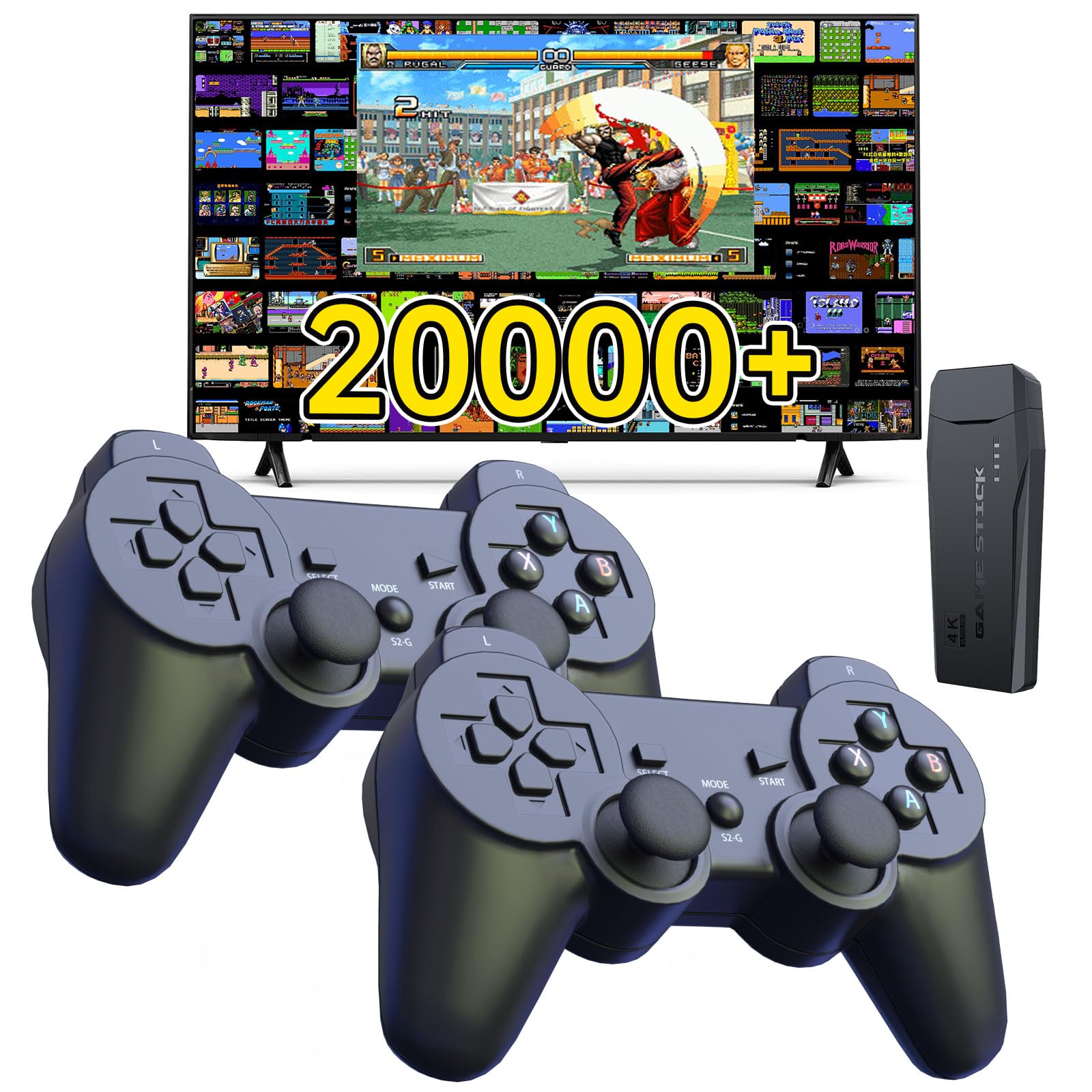 Wireless Retro Game Console Retro Game Stick with Built-in 9 Emulators 64GB20000+ Games 4k Hdmi Output and 2.4GHz Wireless Controller Plug and Retro Play Video Games for TV(Bright Black)