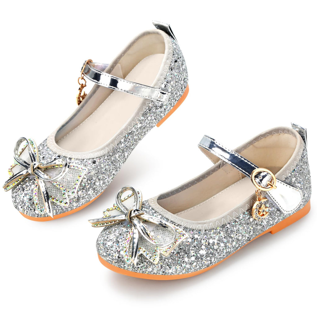 Qimaoo Toddler Girls Dress Shoes Mary Jane Shoes for Girls Princess Shoes Low Heels Toddler Glitter Shoes for Wedding Party - 6 Toddler (740 Silver)