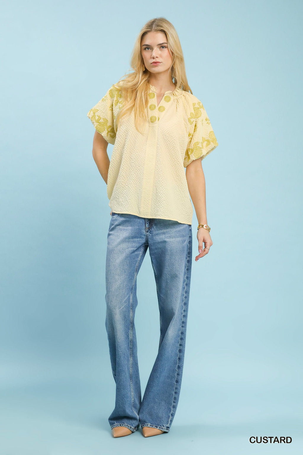 Umgee Embroidered Textured Flutter Sleeve Top
