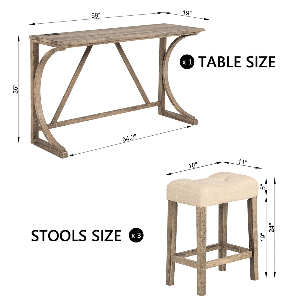 4-Piece Bar Table Set with Power Outlet, Dining Bar Table and Chairs Set, Bar Table Set with 3 Padded Stools for Living Room, Dining Room, Game Room, Brown