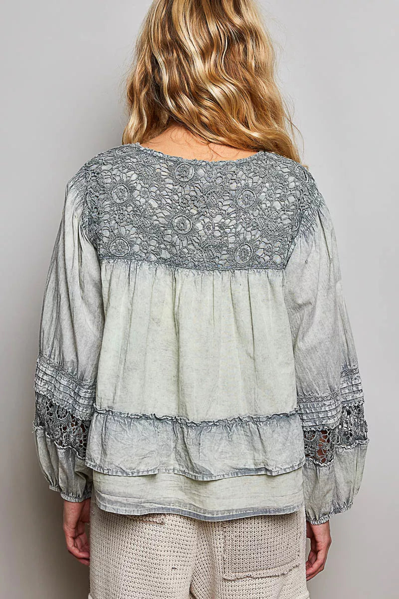 POL Washed Layered Lace Pintuck Flared Woven Blouse