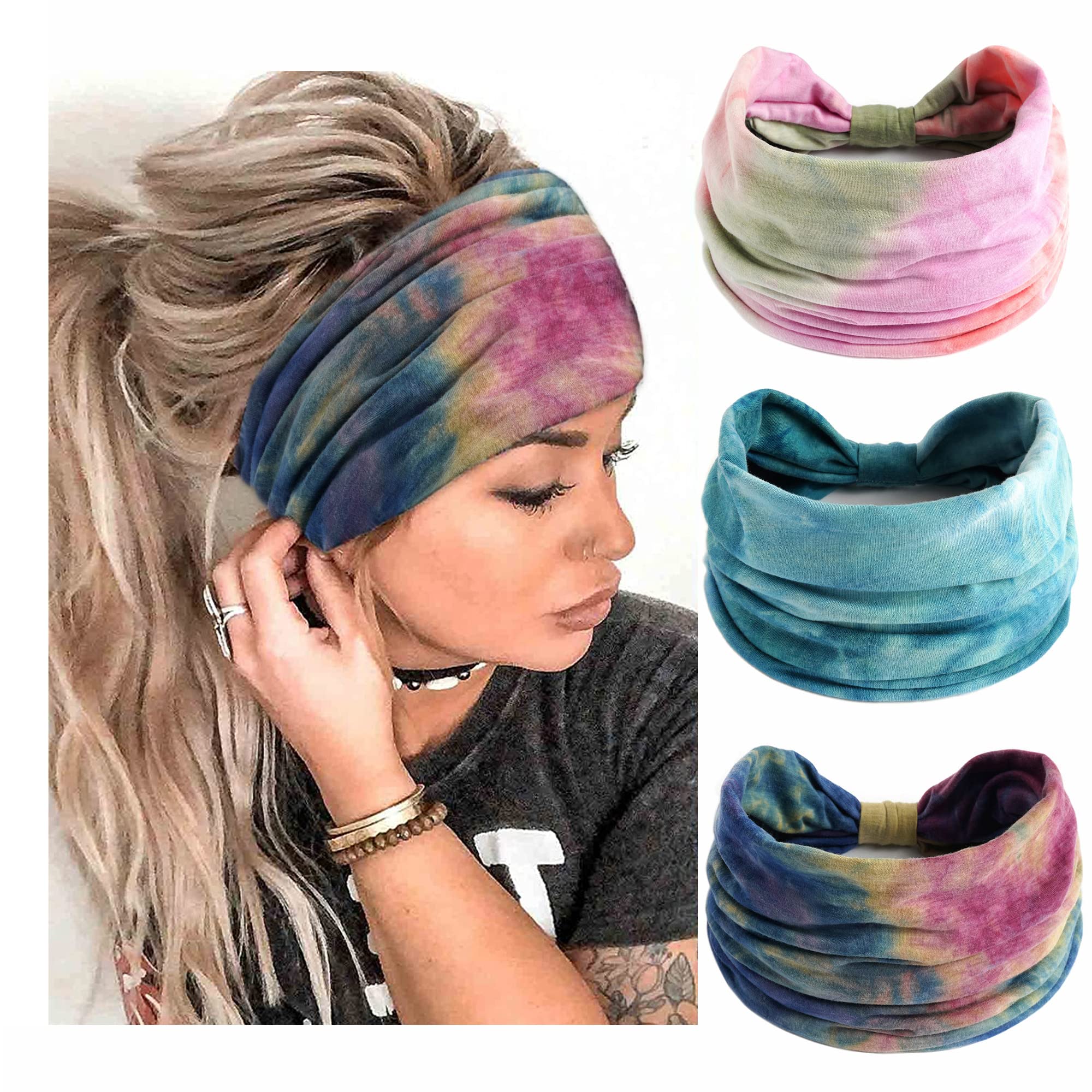 STGDAK Headbands Fashion Hair Bands Soft Head Bands Elastic Headband Non Slip Wrap Headbands Breathable SweatBand Tie Dye Hairband Accessories for Women Daily 3 Pack