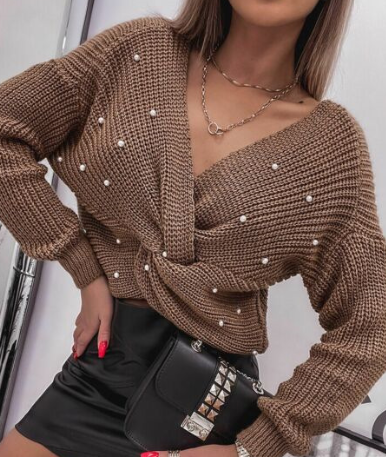 New Women's V-Neck Bubble Knit Sweater in Pink