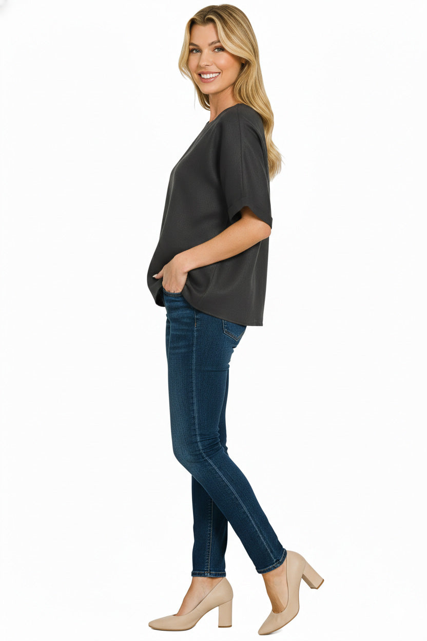 Zenana Linen Round Neck Cuffed Sleeve Top