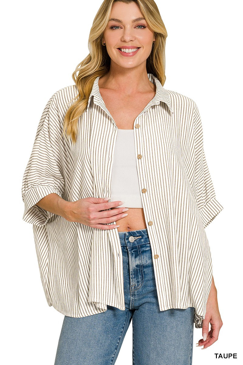 Zenana Full Size Woven Stripe Button Down Boxy Shirt Plus Size
