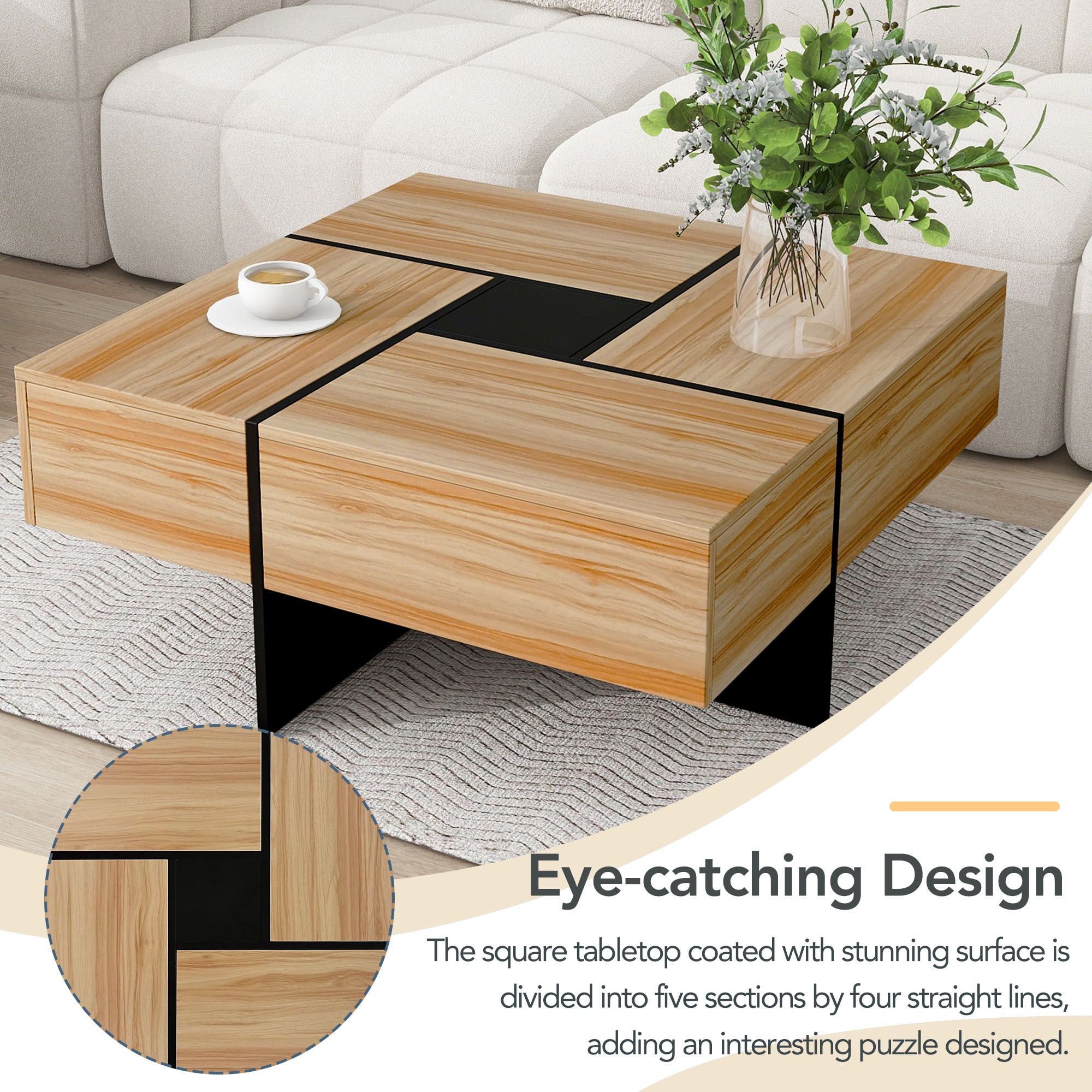 Hearth & Haven Wallace Coffee Table with 4 Hidden Storage Compartments, Brown