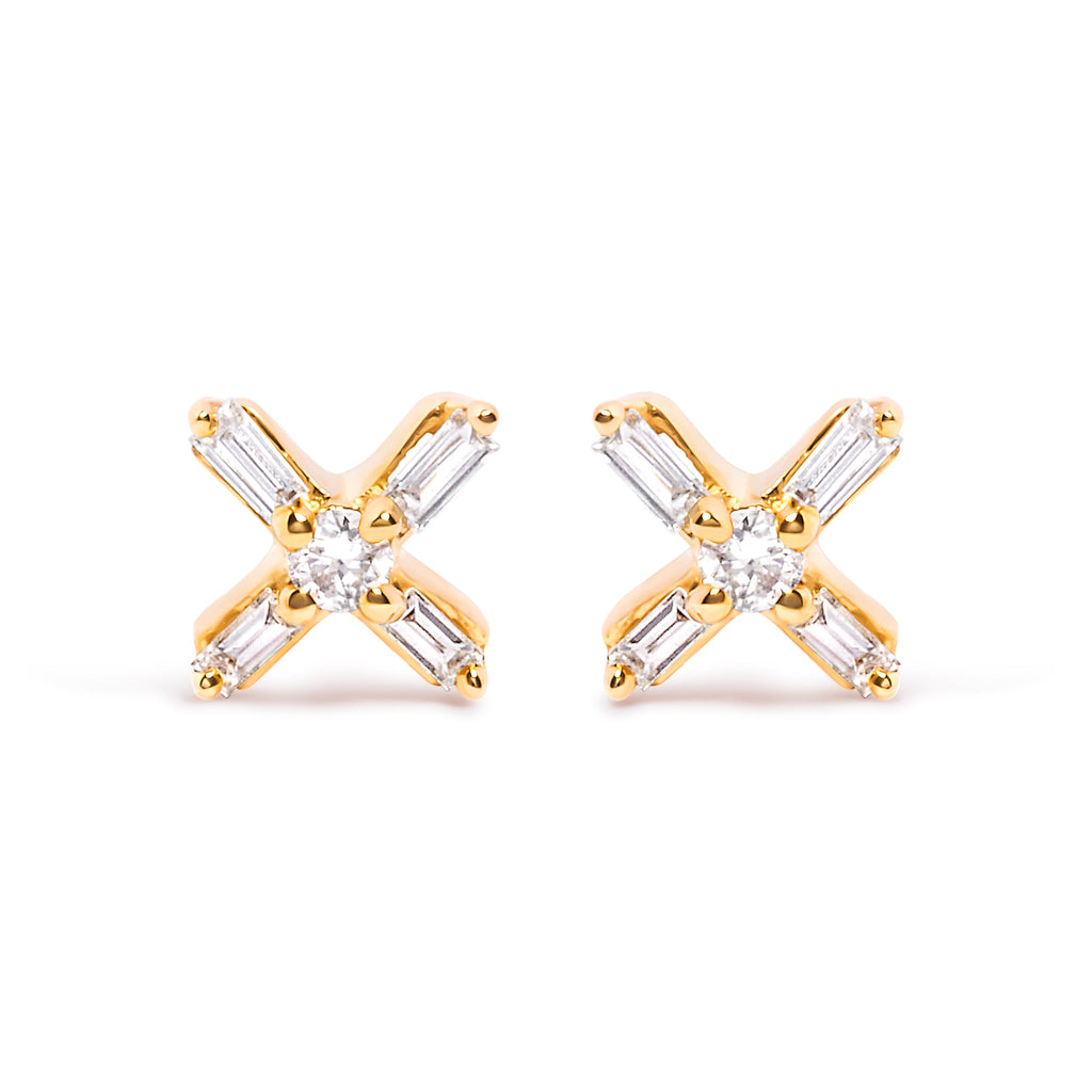 10K Yellow Gold 1/10 Cttw Round and Baguette Diamond Criss Cross X Stud Earring (H-I Color, I1-I2 Clarity)