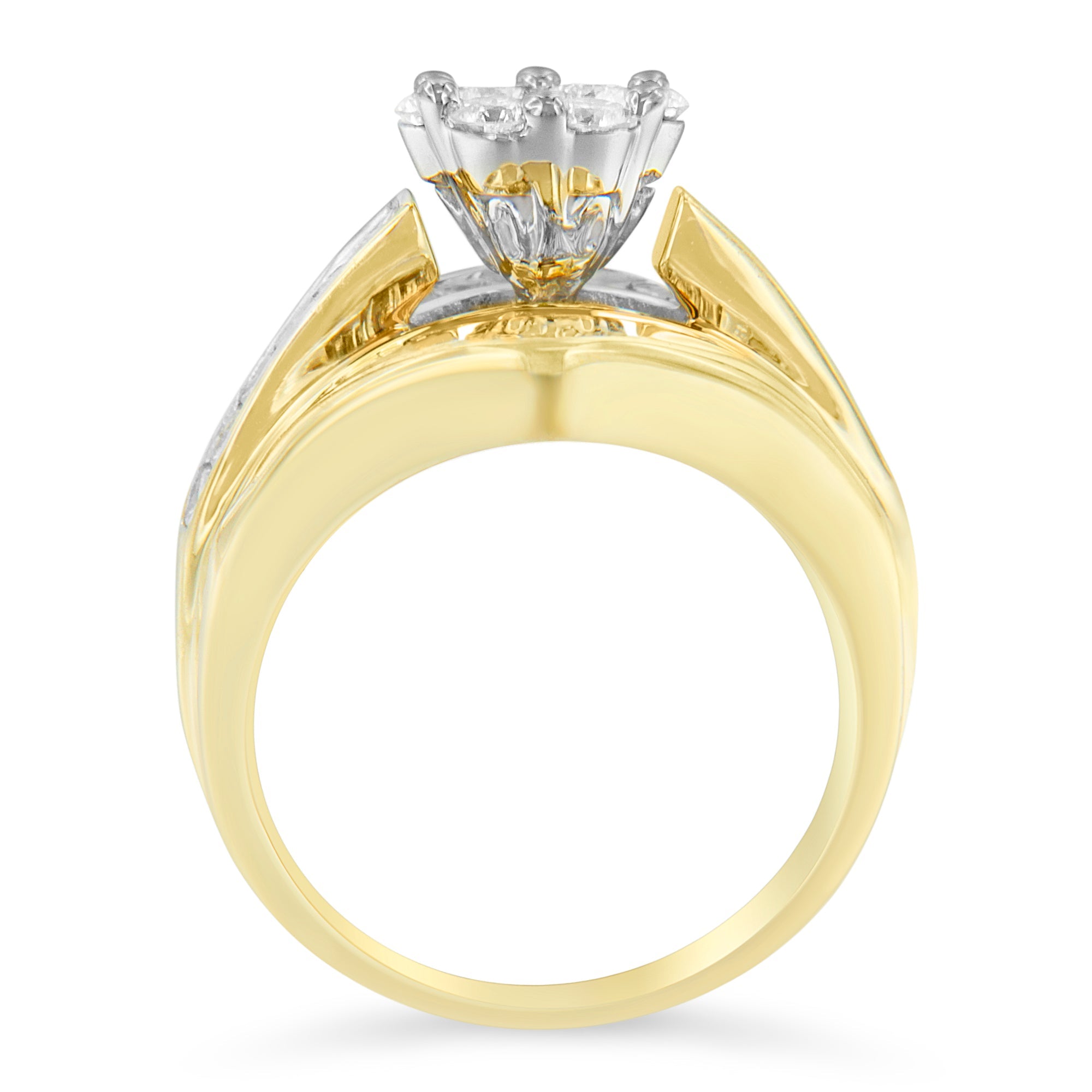 14K Yellow Gold 2-1/3 Cttw Diamond Cluster Channel Set Chevron Shaped Band Engagement Ring & Wedding Band Set