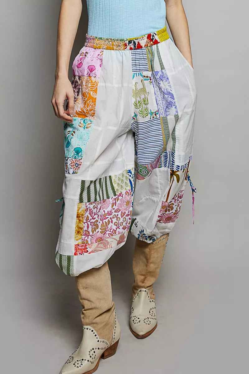 POL Printed Patchwork Wide Leg Pants with Adjustable Side Drawstring