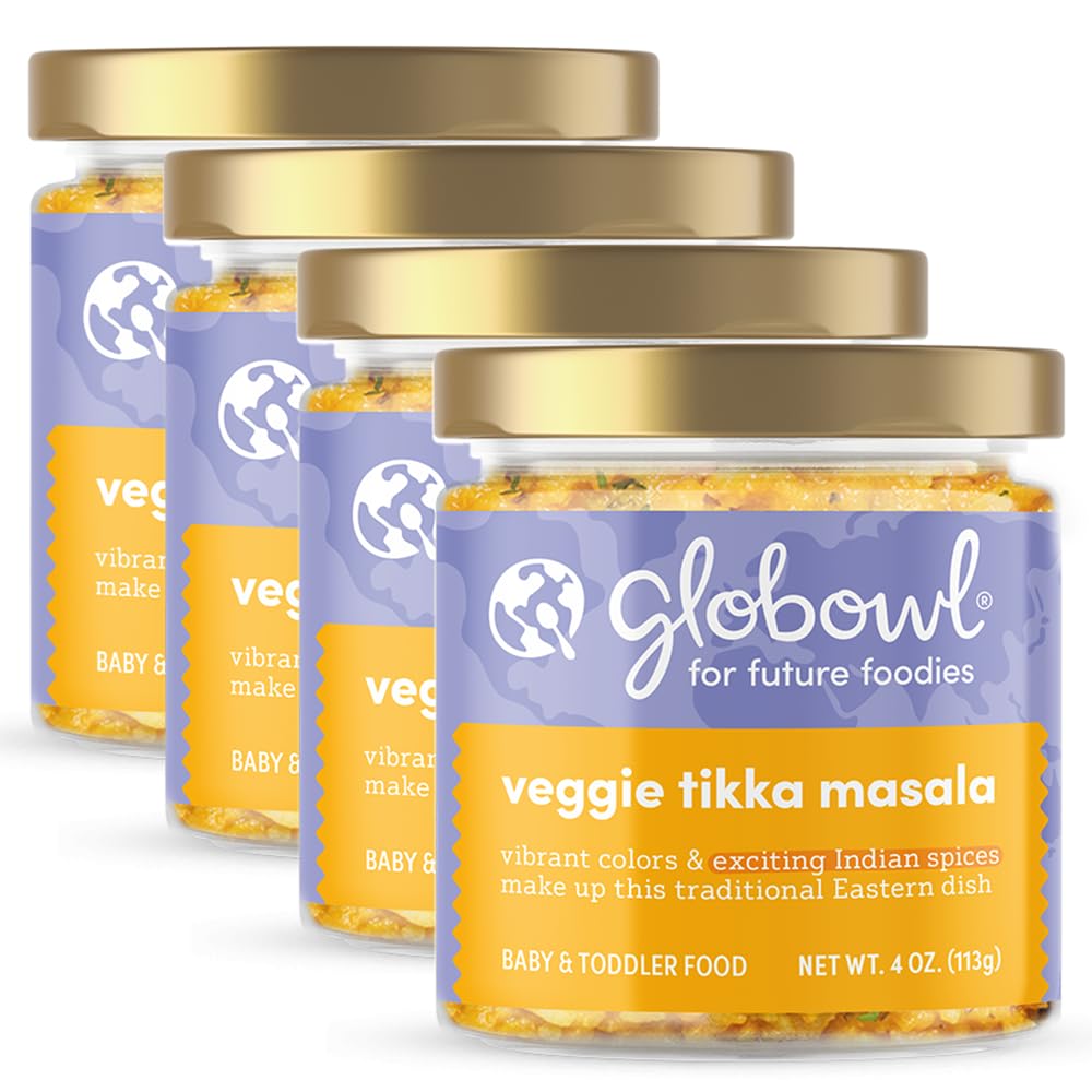Globowl Stage 3 Baby Food & Toddler Meals 6+ Months Early Allergen Introduction Baby Led Weaning International Whole Food Snacks for Toddlers Babies 4 oz Glass Jar Veggie Tikka Masala 4-Pack