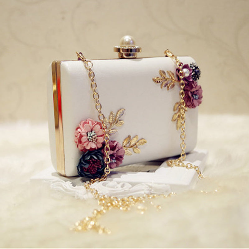 Women's Leather Evening Clutch Bag with Floral Design