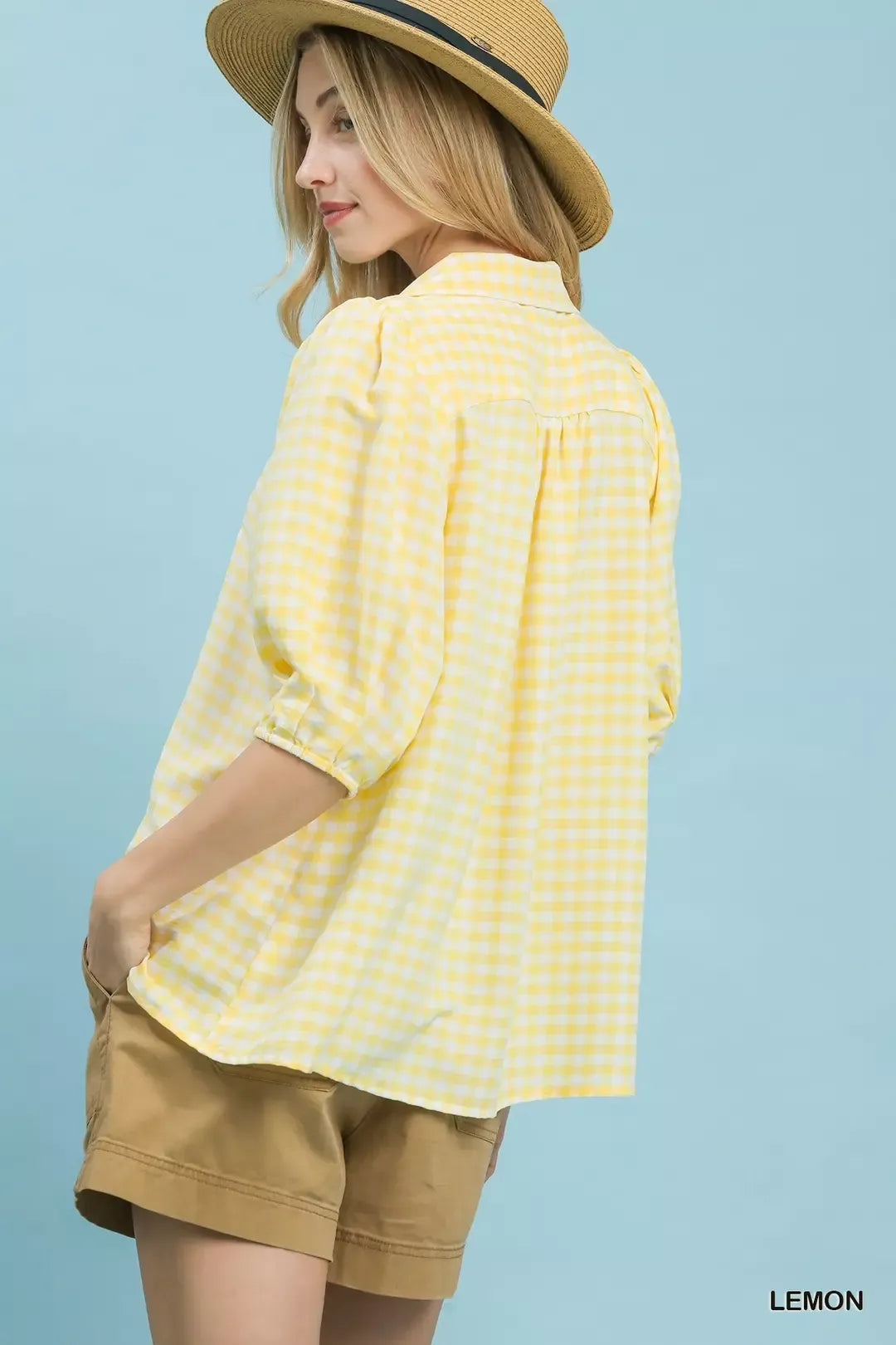 Umgee Gingham Puff Sleeve Collared Blouse