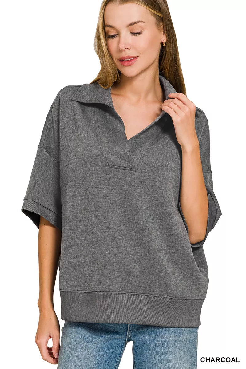 Zenana Scuba Collared Short Sleeve Pullover & Center Seam Pants Set