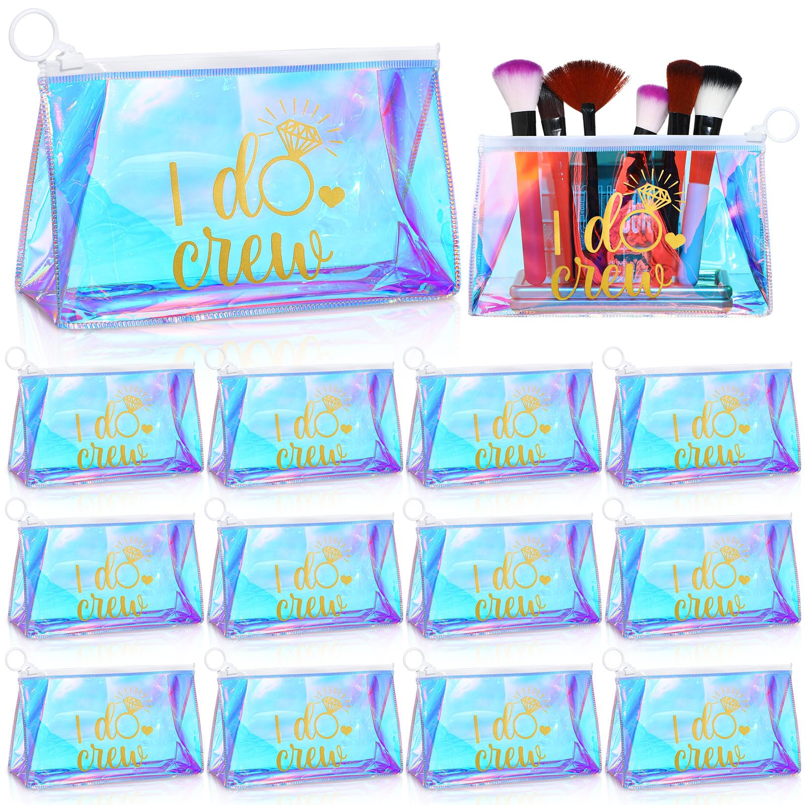 Paterr 12 Pcs Bachelorette Makeup Bags Retro Disco Recovery Kit Bags Trip Holographic Cosmetic Bags with Zipper Gift Bags for Women(I Do Crew)