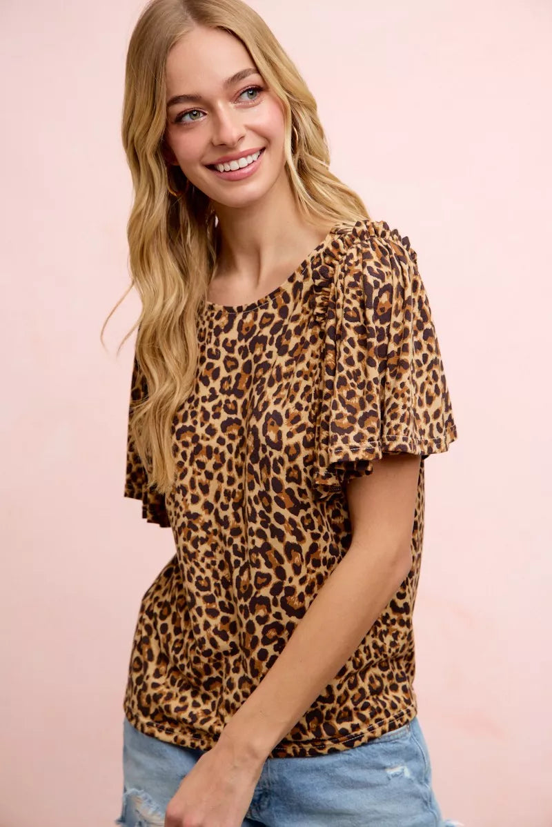 BiBi Leopard Printed Spandex Jersey Ruffle Sleeve Top