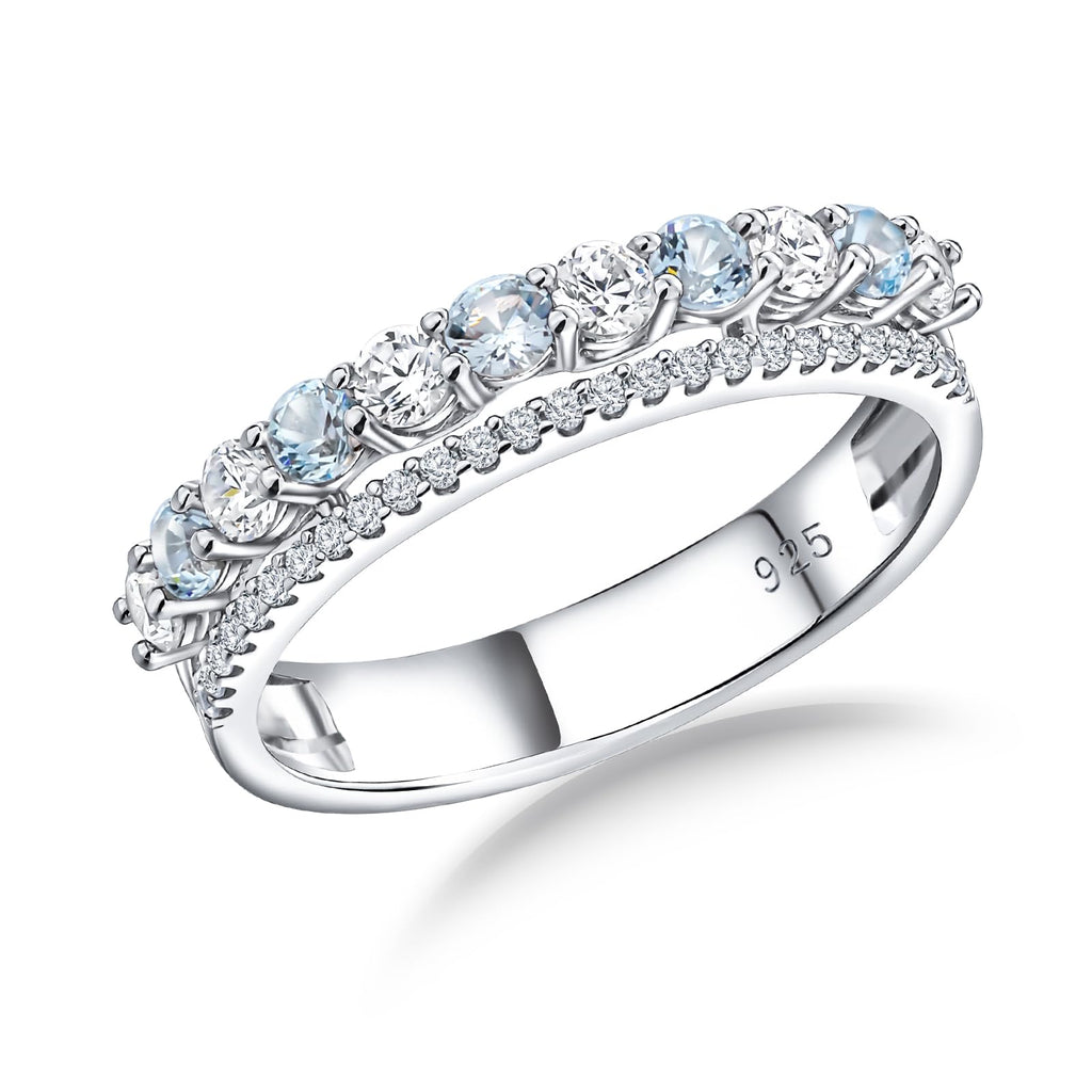 RANDES 925 Sterling Silver Aquamarine Rings for Women March Birthstone Ring Cubic Zirconia Wedding Band Dual Stacking Rings Size 9