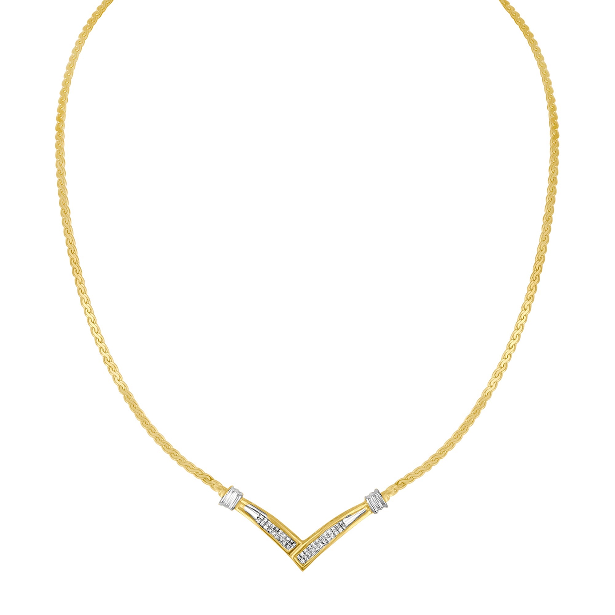 10K Yellow and White Gold 1/2 Cttw Princess Cut Diamond Channel-Set â€œVâ€ Shape 18" Franco Chain Necklace (H-I Color, SI2-I1 Clarity)