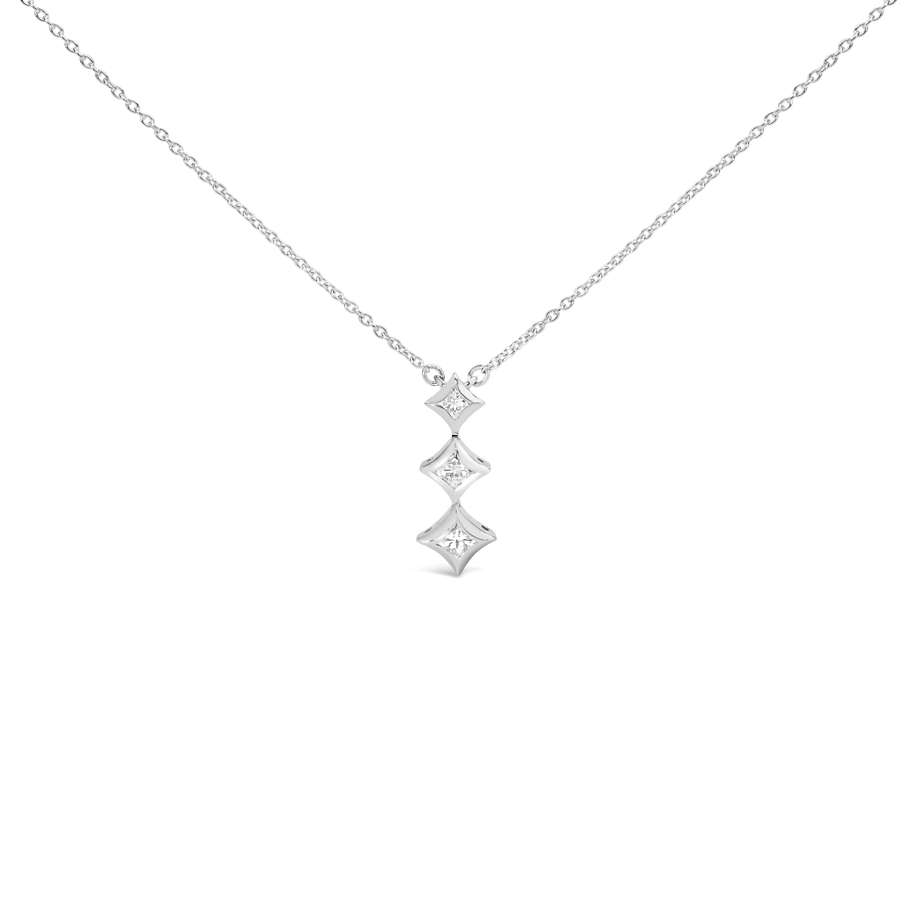 10K White Gold 1/5 Cttw Princess Cut Diamond 3 Stone Drop 18" Pendant Necklace (H-I Color, SI2-I1 Clarity)