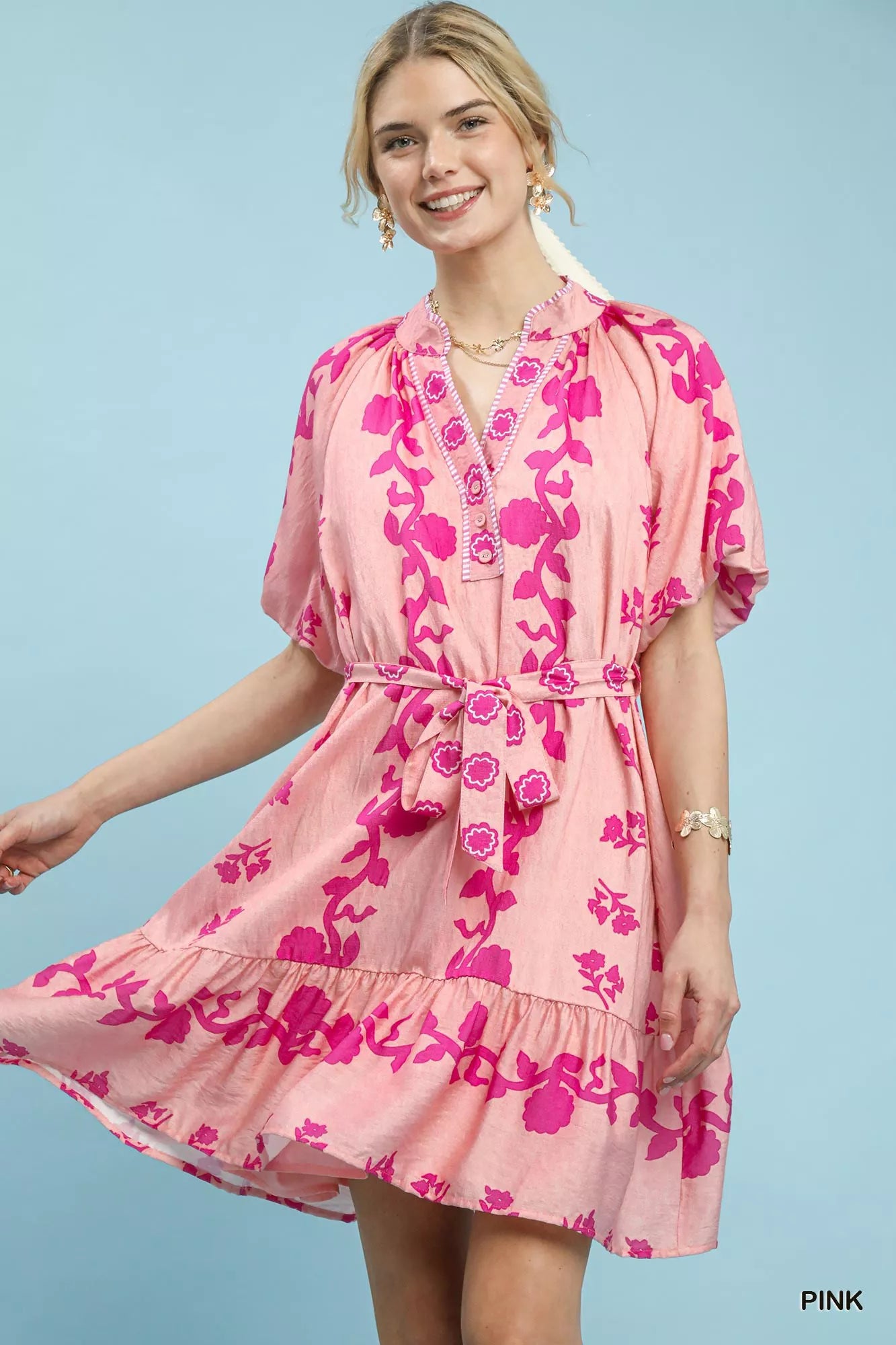 Umgee Floral Tie-Waist Boho Mini Dress