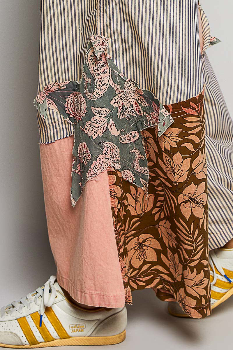 POL Striped Floral Patchwork Wide leg Pants with Side Big Star Patch