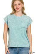 Zenana Full Size Crinkle Washed Round Neck Folded Short Sleeve Tee Plus Size
