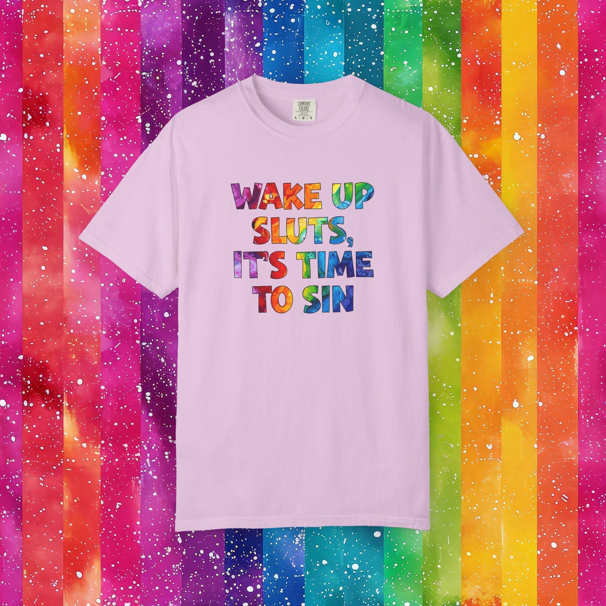 Bespattered Facade Rainbow Wake Up Colorful LGBTQ+ Pride Premium Unisex Comfort Colors Garment Dyed 100% Cotton T-Shirt
