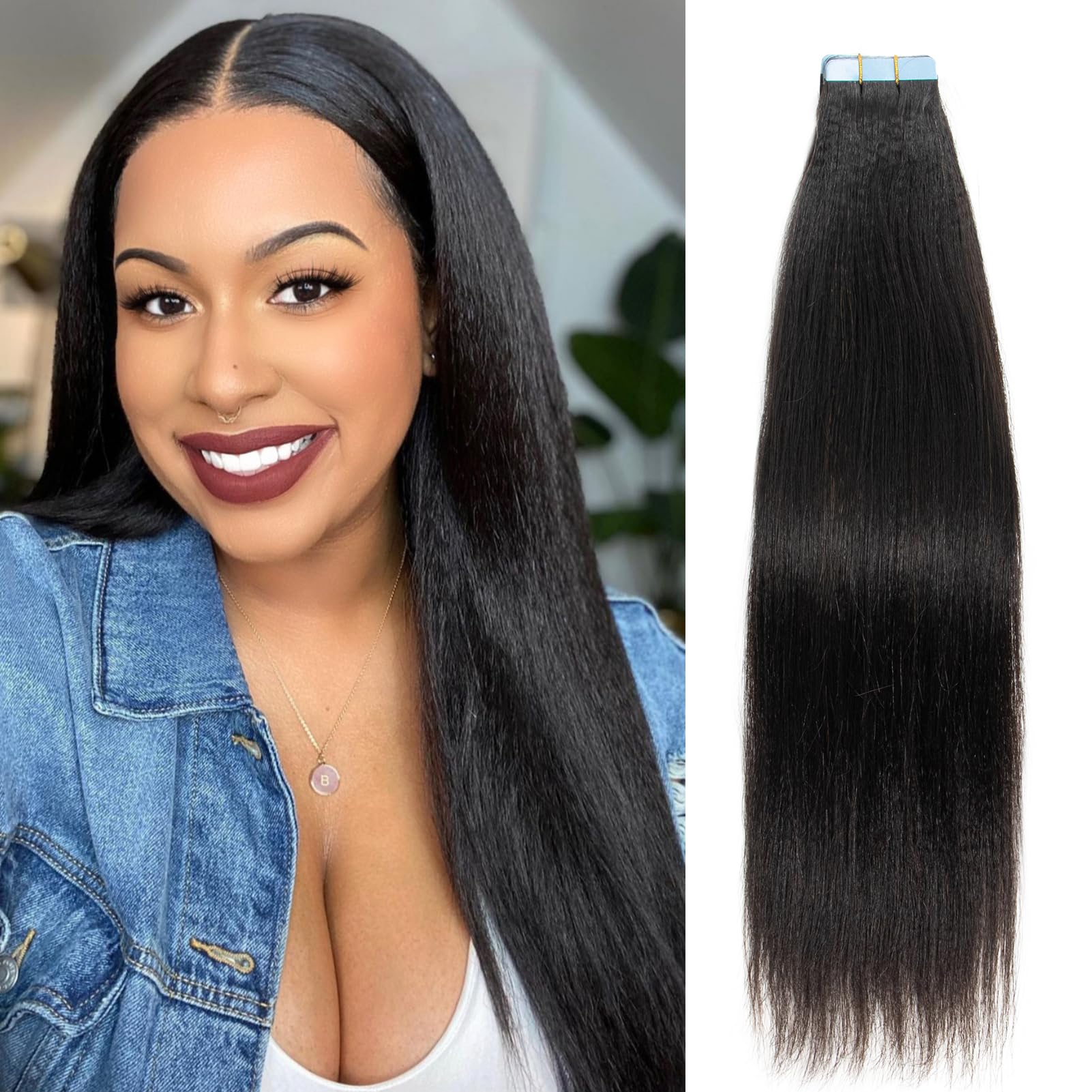 FEIPRO 18 Inch Tape in Hair Extensions Real Human Hair Light Yaki Straight Tape ins for Black Girls Women add Hair Length &Volume Invisible Seamless Skin Weft Thick Soft #Natural Black 40g 20pcs/Pack