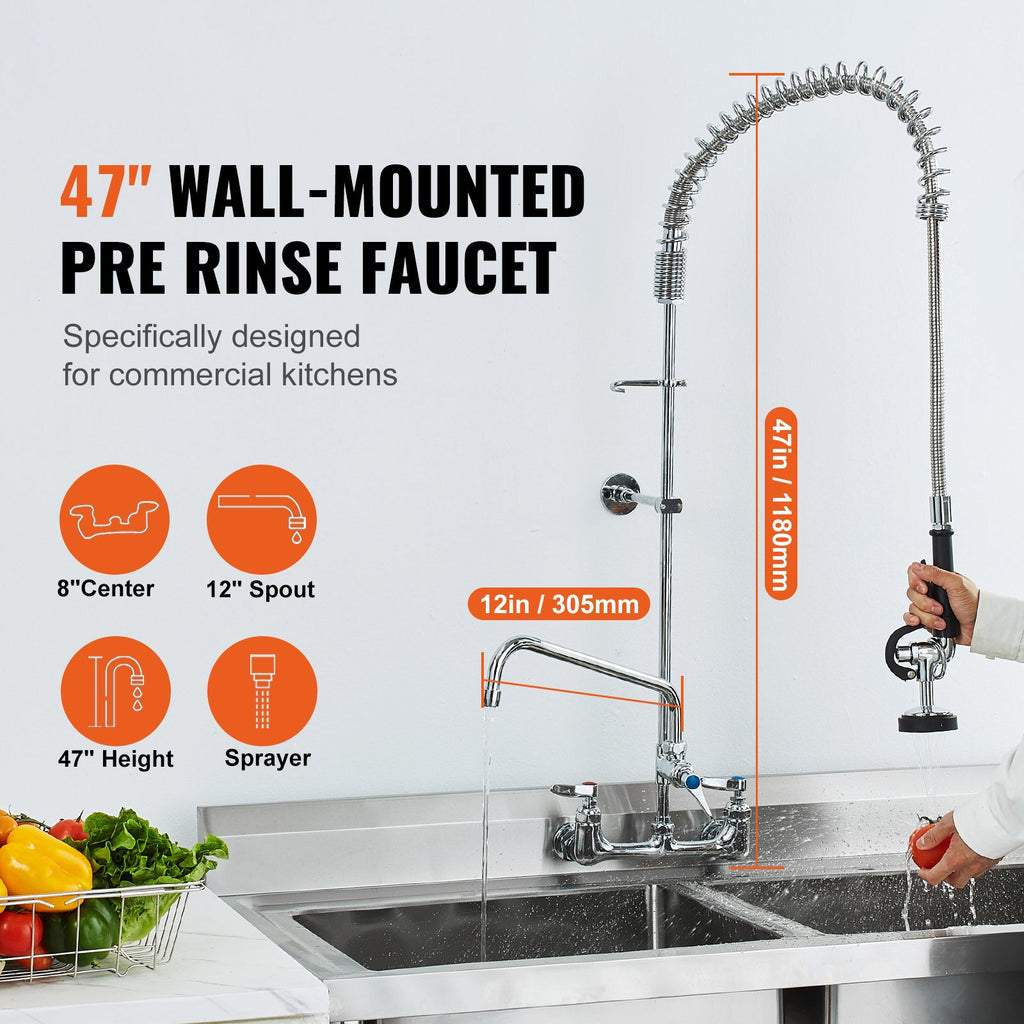 Commercial Faucet with Pre-Rinse Sprayer, 47' Height, 8' Center, 12' Swing Spout, Wall Mount Kitchen Sink Faucet, Brass Constructed Device with Pull Down Spray, for 1/2/3 Compartment Sink