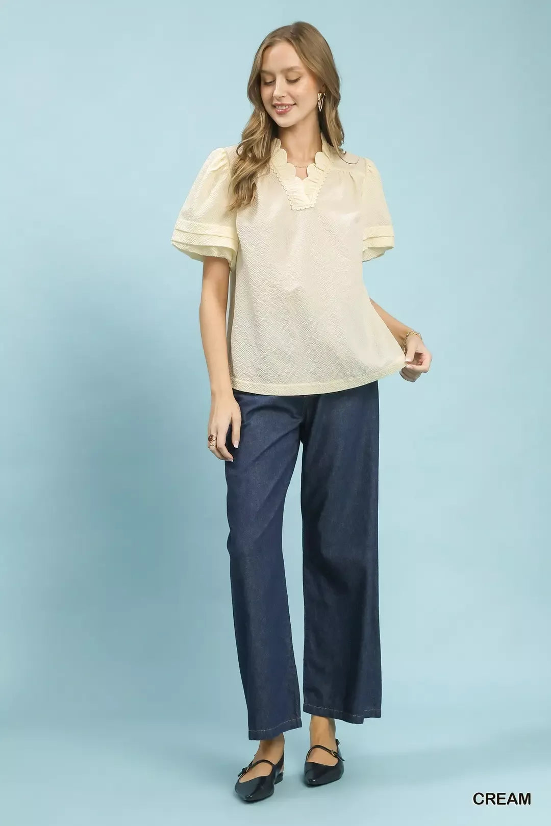 Umgee Textured Scallop Trim Puff Sleeve Blouse